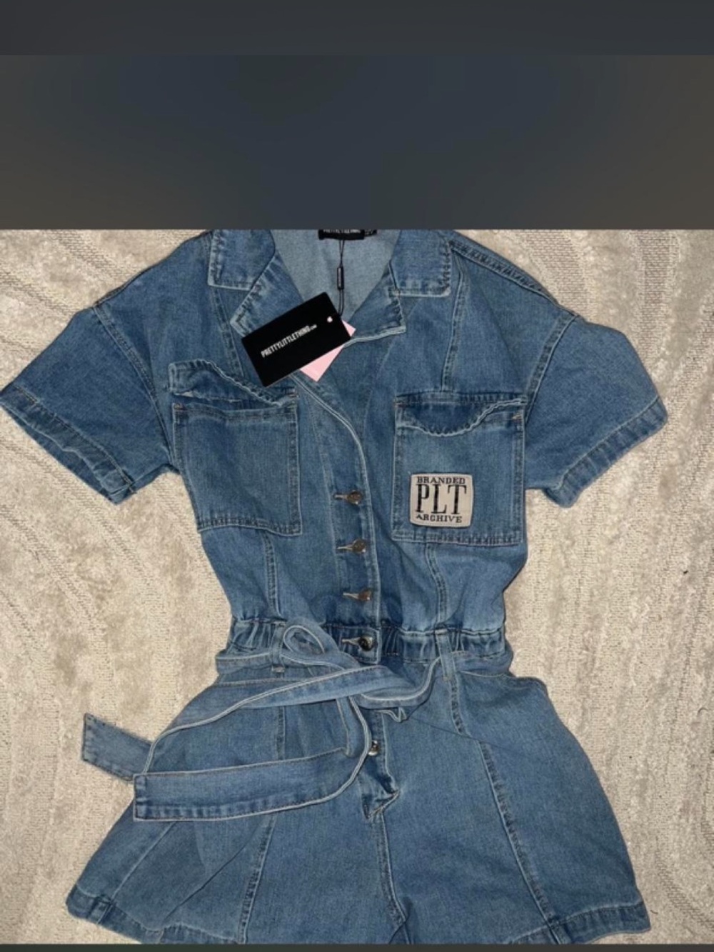 PrettyLittleThing Medium Blue Denim Short Sleeve Romper with Tie Waist